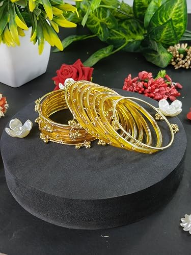 Image of NMII Viral Multi Colour Glass Bangles with Golden Ghungroo Charms & Stone Work For Women & Girls | Fancy Designer Glass Bangle | Traditional Chudi | Kanch Ki Churi | Stylish Ghungroo Bangle For Women
