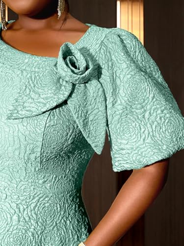 Image of AOMEI Women's Irregular Neck with Flower Short Puff Sleeve High Waist A-Line Jacquard Dress