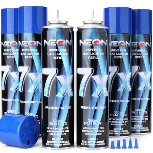 NEON Butane Refill, 300ml 7X Filtered Premium Butane Fuel, 6 Cans Pure Refined Lighter Fluid with 0 Impurities & 5 Different Nozzle Adapters for Refillable Lighters, Butane Torches, Kitchen Blow Torch