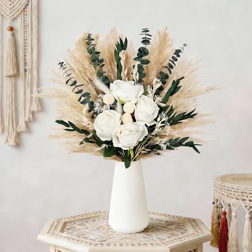 Hapart Begie Pampass Grass with Fake Roses Fluffy Dried Flowers with Eucalyptus Stems Bunny Tails White Artificial Rose for Natural Boho Home Livingroom Wedding Decor Greenery Table Centerpieces