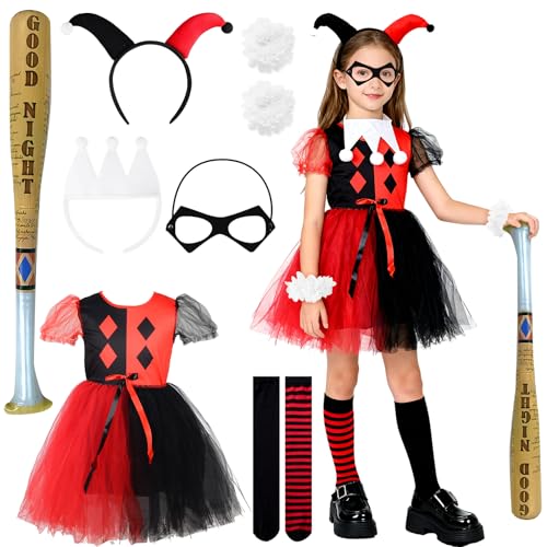 Déguisement Quinn Fille Enfant, Cosplay Joker Queen Costume, Jupe en Robe Bandeau Bas et Masque pour Yeux Marteau Gonflable Costumes Cosplay pour Halloween...