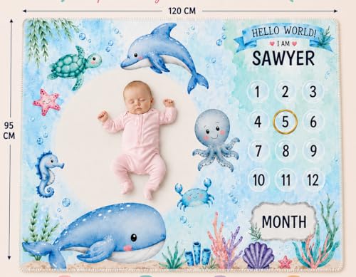 Image of Baby Monthly Milestone Photoshoot Blanket with Milestone Cards, Cotton, 115x95 cm, Animal Theme, 1-12 Months (Ocean)