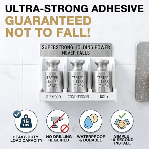 Image of Soap Holder for Shower Wall, 3-Compartment Soap Dish for Shampoo, Conditioner and Body Soap, Fast Draining & Rust-Proof & Heavy Duty, Ultra-Strong Adhesive for Long-Term Bathroom Use & Freestanding