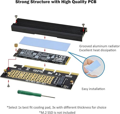 Image of PCI Express 3.0 4X 8X 16x to M.2 NVMe and AHCI SSD Adapter Card with Heat Sink, Bracket-Free and Compatible with Samsung 960 970 EVO PRO WD Black and More