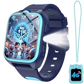 IOWODO Montre Connectée Enfants 2025 | 4G LTE avec SIM | GPS Traceur + SOS Appel Urgence | Batterie | Appels Vidéo et Chat Vocal |Mode école et Zones de Sécurité | 5-12 Ans (Bleu)