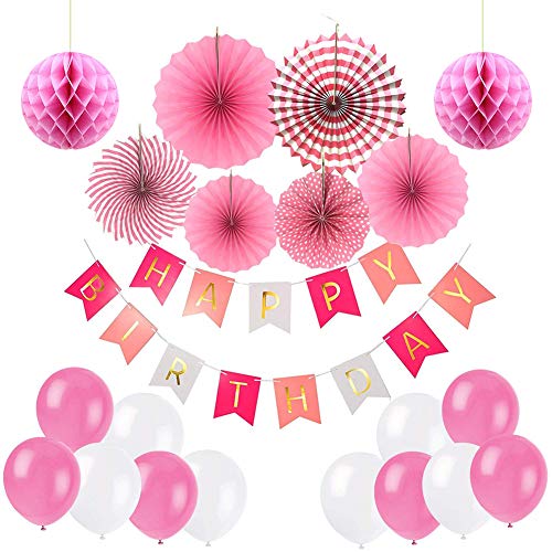 Ciaoed Decoración de cumpleaños, Guirnalda de Feliz cumpleaños con Globos Globos de látex y Papel de Bolas de Nido de Abeja para decoración de cumpleaños (Rosa)