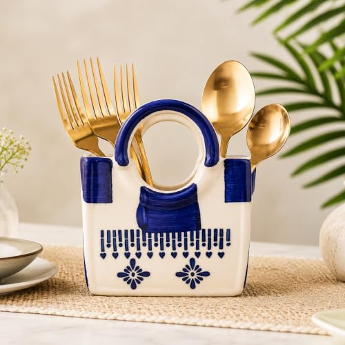 Image of Ceramic Utensil Holder, White Kitchen Organiser, Cutlery Set Holder (Blue Floral)