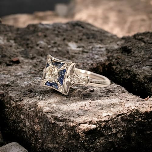 Vintage Old European Art Deco Diamond & Sapphire Ring for Women – Silver Plated Engagement Ring, Antique Style Square Halo Ring, Fine Jewelry Gift3