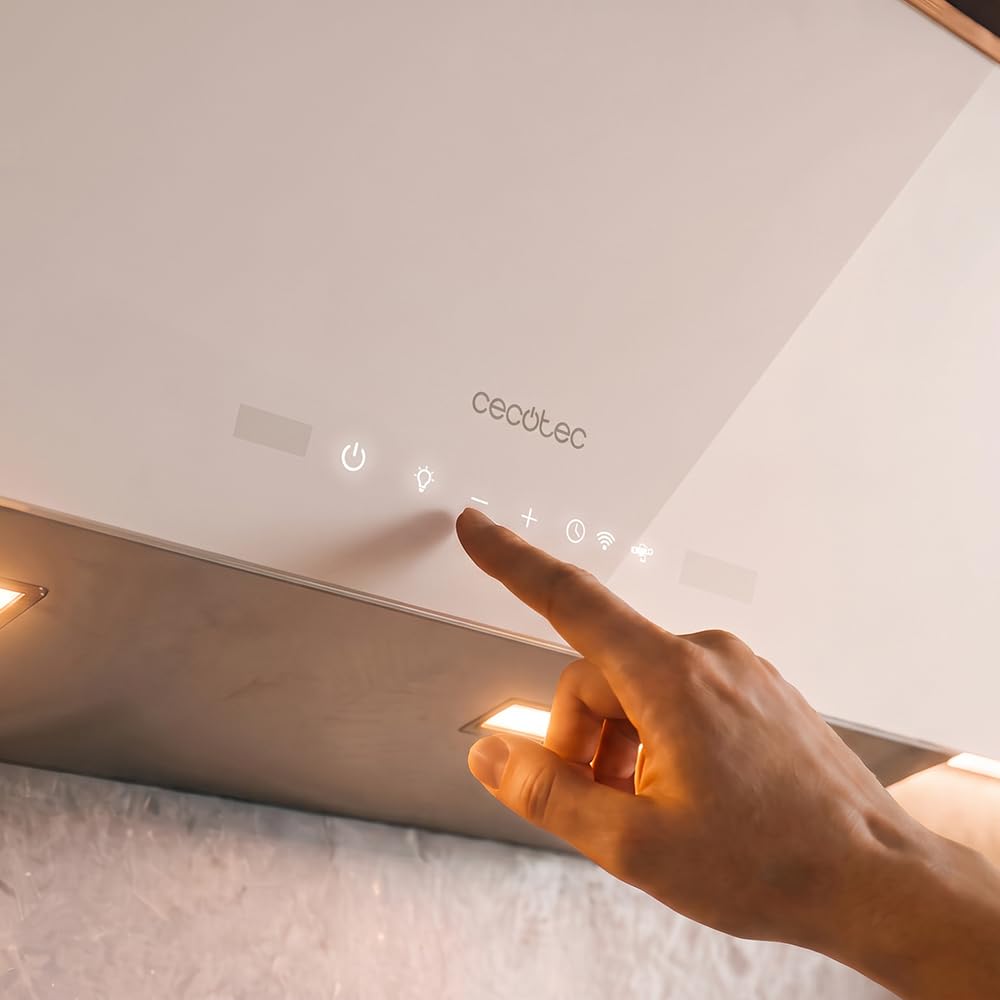 Cecotec Okap dekoracyjny 60 cm Bolero Flux DT 607500 Matt White A+++. Matowe i błyszczące szkło z miedzianymi detalami, ssanie 717,2 m³/h, funkcja wzmacniacza, filtry aluminiowe, klasa A+++