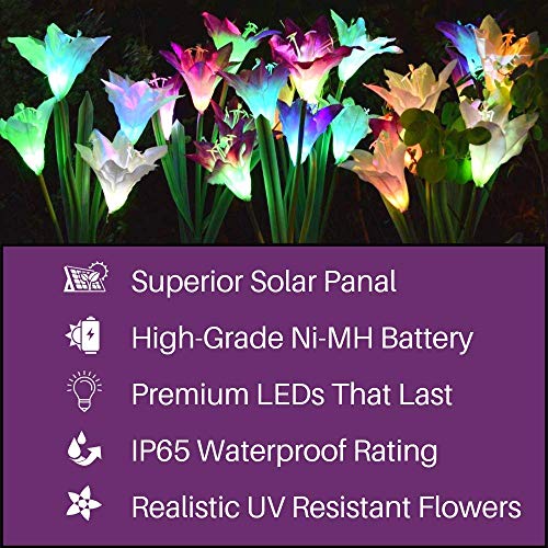 Pure Ponta Solar Flower Lights | 2 Pack of Solar Stake Lights with 8 Solar Flowers | Multi Color Changing LED Flower Lights Powered by Premium Solar Panels (4 White & 4 Purple Solar Flowers)