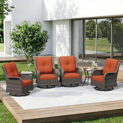 Image of 6 Piece Outdoor Wicker Patio Furniture Set, Outdoor Swivel Rocker Patio Chairs Set with Thickened Olefin Cushions, High Back and Deep Seating, Hand-Woven PE Rattan for Porch, Deck