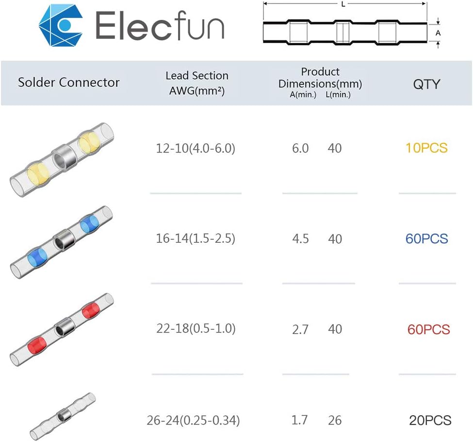 150pcs Solder Seal Wire Connectors, ELECFUN Heat Shrink Solder Connectors Kit 26-10 AWG Insulated and Waterproof Wire Terminals Marine Automotive Connector Kit : Industrial & Scientific