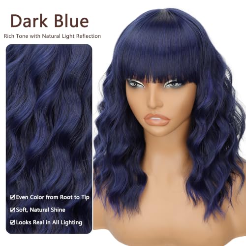 Image of Nnzes Wig with Bangs for Women Short Bob Wavy Charming Synthetic Dark Blue Wigs with Natural Shoulder Length Curly Heat Resistant Hair for Daily Party Use