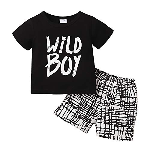 Kucnuzki Toddler Baby Boy Clothes Summer Outfits Short Sleeve Letters Printed Shirt Shorts Sets 2PC Little Boy Clothing (Black, 2-3T)