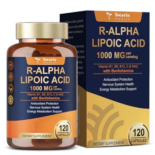 R Alpha Lipoic Acid 1000mg with Benfotiamine - Sodium ALA Supplement for Neuropathy Support Nerve Health & Antioxidant Cell Energy Metabolism and Anti-Aging Non-GMO Gluten Free Vegan 120 Counts
