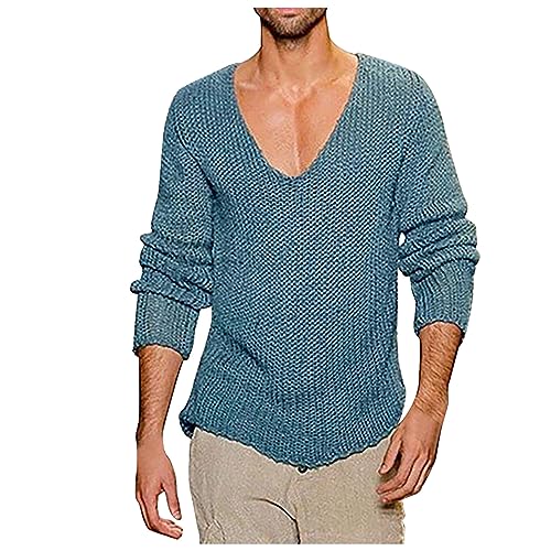 Men's Knit Sweater Deep V Neck Slim Fit Lightweight Knitted Pullover Stylish Sweater Muscle Long Sleeve Low Cut Tee