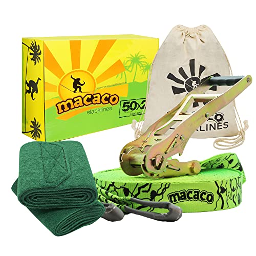 Macaco Slackline Kit 26m Long | Slack Line for fun stuff with Outside Toys | Forest School Equipment | Circus Skills Equipment for Kids | Gymnastics Stuff for Outdoor Kids Play Equipment