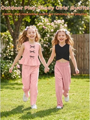 Image of Girls' Clothing Sets Sleeveless Bow Crop Top Wide Leg Linen Pants 2026 Summer Outfits Cute Kids Clothes