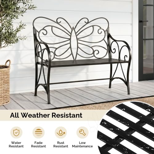 VINGLI Banc de Jardin Décoratif 2 Places en Fer forgé Motif Papillon Noir avec Coussin