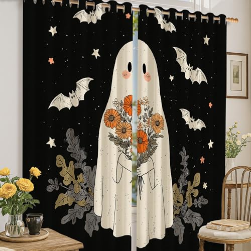 Geister-Verdunkelungsvorhänge, Halloween, fantasievolle Fledermaus-Blumen, Halloween, schwarz, maschinenwaschbar, lichtblockierende Vorhänge für Wohnung, Wohnzimmer, Schlafzimmer, 132 x 183 cm Geister-Verdunkelungsvorhänge, Halloween, fantasievolle Fledermaus-Blumen, Halloween, schwarz, maschinenwaschbar, lichtblockierende Vorhänge für Wohnung, Wohnzimmer, Schlafzimmer, 132 x 183 cm