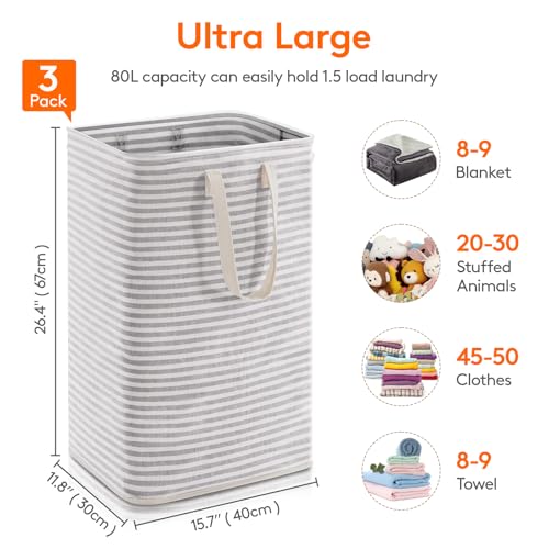 Image of Lifewit 3 Pack Laundry Basket 80L Each, Collapsible Clothes Hamper with Reinforced Handles, Freestanding Waterproof Design for Bedroom and Laundry Room, Grey 240L Total
