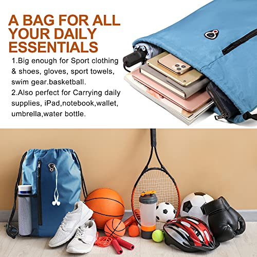 Image of BeeGreen Blue Drawstrings Backpack Gym Sack For Men With Water Bottle Pocket &Front Zippered Pocket Large Sting Bags For WomenTraveling Yoga Beach Outdoor Gym
