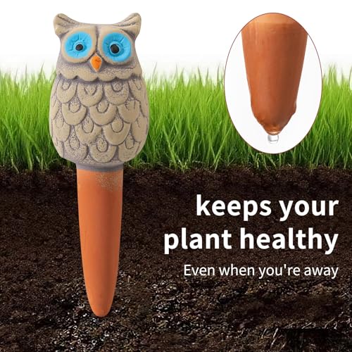 4 Pack Handmade Terracotta Owl Watering Spikes and Globes, Self-Watering Plant Devices with Slow Release System for Continuous Moisture, Perfect Water Bulbs for Indoor and Outdoor Plants Vacation Use - Thumbnail 4