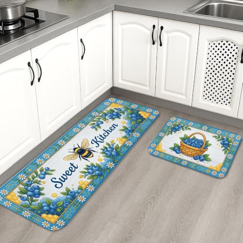 Blueberry – Lot de 2 tapis de cuisine doux et confortables à motif floral vintage pour éviers de cuisine, buanderie, salle de bain