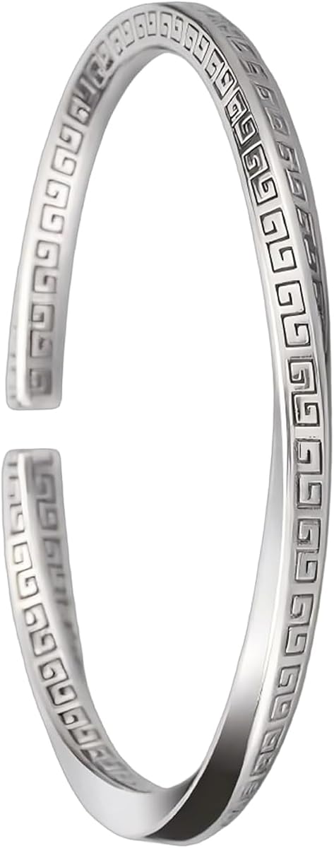 S925 Sterling Silver Open Bangle Cuff Bracelet with Wall Pattern & Mbius Design, Men's Gift Jewelry