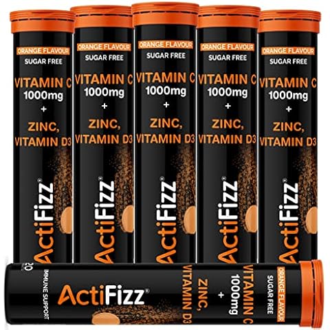 6X ActiFizz Vitamin C 1000mg, Zinc + Vitamin D3 | 20 Effervescent Tabs | Orange Flavour | Immune System Booster | Suitable for Vegetarians | Halal Certified | Energy | Fast Absorption Cover
