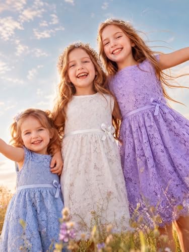 ALLOVIN Girls & Toddlers Sleeveless A-Line Lace Party Dress Birthday Wedding & Flower Girl Dress with Beaded Bowknot | Purple | 6-7Y — view 3