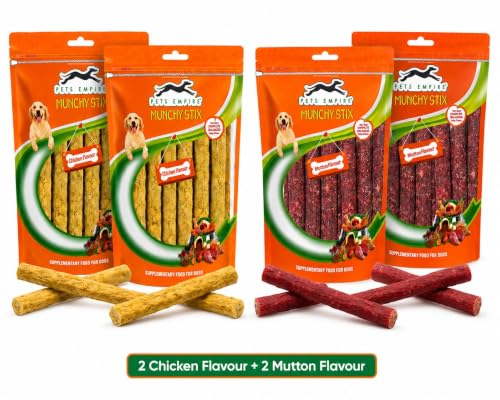 Image of PETS EMPIRE Munchy Stix Dog Treats, Chicken | Mutton Flavour Chew Sticks | Healthy Reward Treats for Dogs | High Protein Daily Chews (1Kg, Chicken + Mutton, Pack of 4)