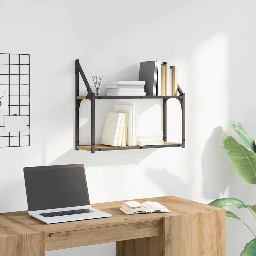 Matte Oak Engineered Wood Floating Wall Shelf | This 60x21x51 cm modern organizer is ideal for displaying books and decor in the living room, bedroom, or kitchen.