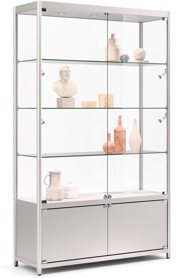 Displays2Go 48" Retail Glass Display Case with LED Lights, Lockable Showcase Cabinet with Storage & Aluminum Frame – Silver (LESC4816SB)