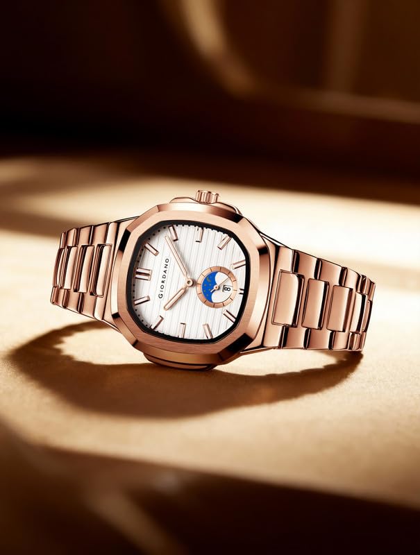 Image of Giordano Analog Watch for Men - Classic Moon Phase Design with Textured Dial, Durable Stainless Steel Strap, and Date Display
