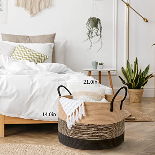 Indressme Xxxlarge Woven Rope Basket 21" X 14" Blanket Storage Basket With Long Handles Decorative Clothes Hamper Basket Extra Large Baskets For Blankets Pillows #TOP2