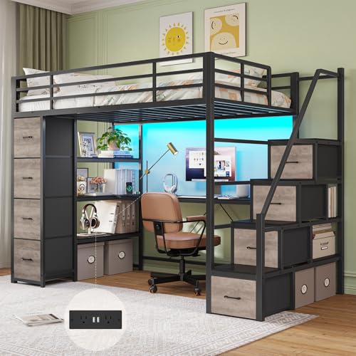 DICTAC Loft Bed Twin Size with Storage Stairs,Desk & Power Strips,Metal Twin Loft Bed with LED Lights,8 Storage Drawers & Open Shelves,Loft Beds for Kids,Teens,Adults with Safety Guardrail,Black+Grey
