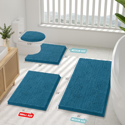 Smiry Luxury Chenille Toilet Rugs U-Shaped 24x20, Soft Absorbent Non-Slip Contour Bathroom Rugs for Toilet, Machine Washable Contoured Bath Mats, Peacock Blue