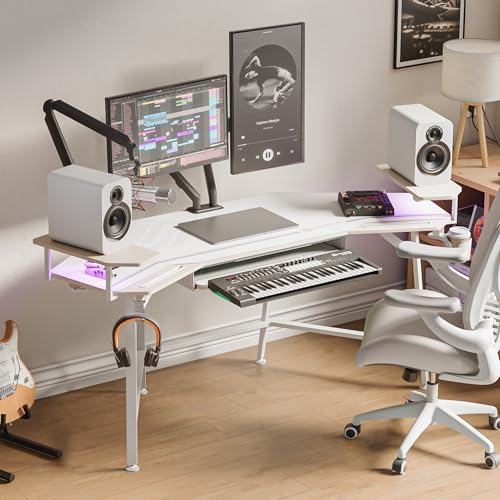 Image of EUREKA ERGONOMIC Aero 72 Inch Gaming Desk with Keyboard Tray, Large Computer Desk Led Lights, Wing-Shaped Monitor Stand Dual Headphone Hanger Cup Holder for Studio,Streamer,Live,Maple