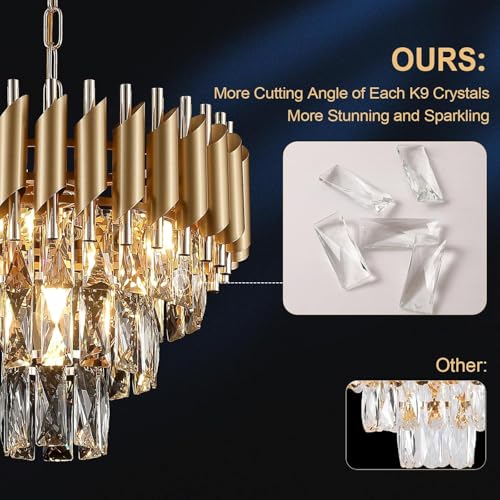Image of Manraj Modern Crystal Chandelier, 400 mm Round, 3-Tier Pure Gold, K9 Crystal Ceiling Light Fixture for Living Room and Hallway (Pure Gold, 400mm)