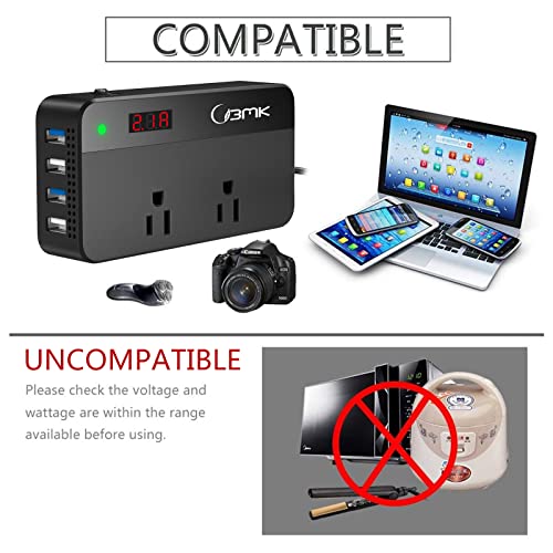 BMK 200W Car Power Inverter DC 12V to 110V AC Car Inverter 4 USB Ports Charger Adapter Car Plug Converter with 2 QC3.0 USB and 2 Type C Ports (Black)