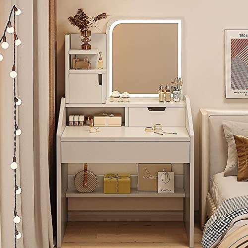 Escritorio de tocador blanco con cajones y estantes ajustables con espejo iluminado, mesa de maquillaje ideal para dormitorio y estudio (27.6 pulgadas de longitud)