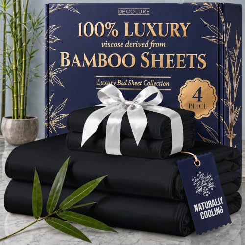 Image of DECOLURE 100% Viscose Derived from Bamboo Sheets King Size - Luxury 4 Pc Naturally Cooling Sheets, Ultra Soft Bed Set - Deep 17 inch Pockets, Durable Double Stitching, Oeko Tex Standard (Black)