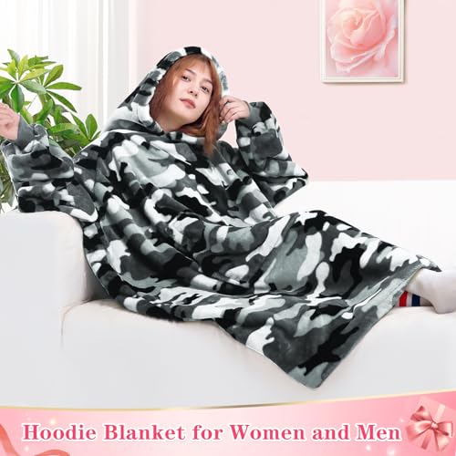Image of Waitu Wearable Blanket Sweatshirt Gifts for Women and Men, Warm and Cozy Giant Blanket Hoodie, Thick Flannel Blanket with Sleeves and Giant Pocket - Camo