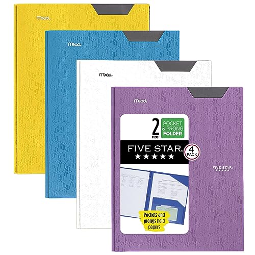 Five Star 2 Pocket Folders, 4 Pack, Plastic Folders with Stay-Put Tabs and Prong Fasteners, Holds 8-1/2” x 11" Paper