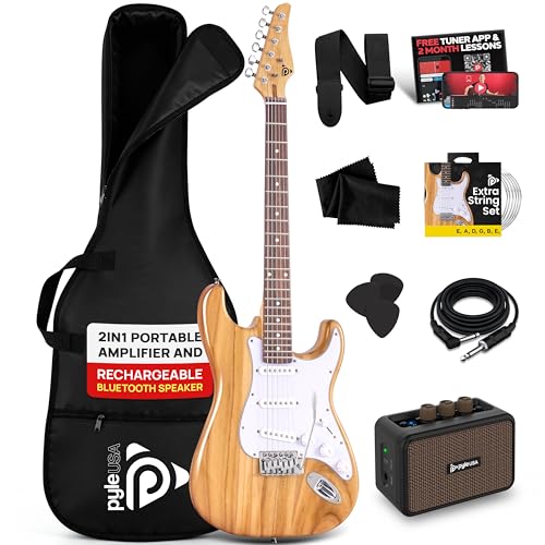 Pyle Electric Guitar and Amp Kit - Full Size 39" Complete Starter Kit with Wearable Bluetooth Amplifier, 1/4” Cable, Carry Case, Strap, Strings, Picks, Cleaning Cloth, ST-Style Pickups (Natural)