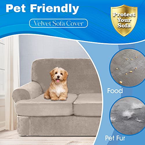 Ulticor 4-Piece T- Shape Cushion Velvet Stretch Sofa Cover For 3 Cushion Sofa, Soft Luxury Thick Velvet Sofa Cover For 3 Seat Couch, Machine Washable (Taupe, T-Shape Cushion 3 Seater Sofa Cover) #TOP2