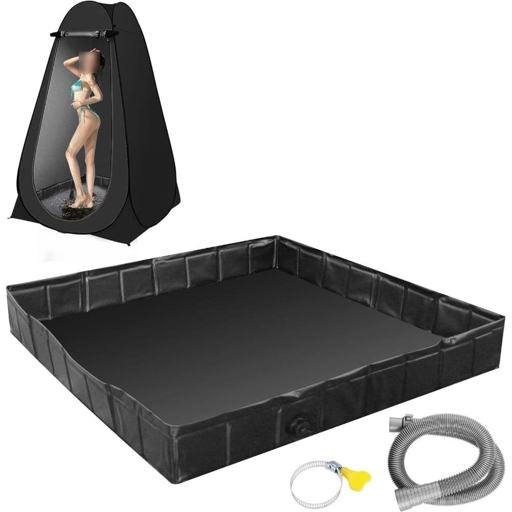 Lecreatekit Base doccia pieghevole per campeggio all'aperto e bagno per animali domestici, piatto doccia portatile in PVC con tubo di scarico, 104 x 104 cm, nero