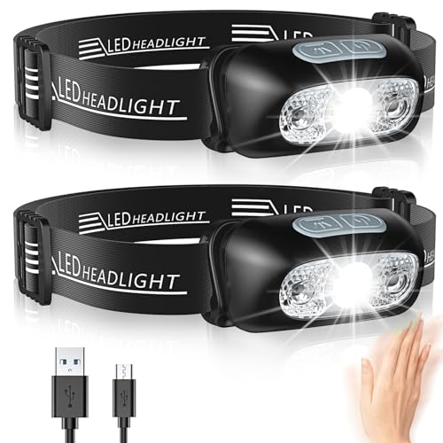 Glangeh Torcia Frontale, 2 Pacchi Lampada Frontale con Sensore Movimento, USB Ricaricabile, Batteria 1200mAh, IPX6 Impermeabile Torcia da Testa con 4 Modalità di Luce, per Campeggio, Corsa, Pesca