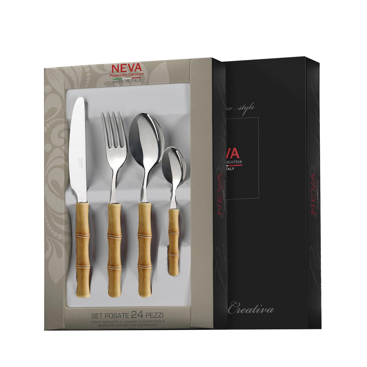 NÉVA | BISTROT Bamboo Set 24 Couverts, Couverts en Acier Inoxydable, Passe au Lave-Vaisselle, Décoration Indélébile, Beige